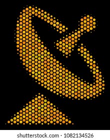 Halftone hexagonal Antenna icon. Bright golden pictogram with honey comb geometric structure on a black background. Vector mosaic of antenna icon done of honeycomb elements.