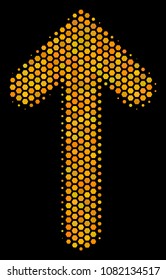 Halftone hexagonal Arrow Direction icon. Bright yellow pictogram with honey comb geometric structure on a black background. Vector composition of arrow direction icon organized of hexagonal pixels.