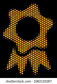 Halftone hexagonal Award icon. Bright golden pictogram with honey comb geometric structure on a black background. Vector concept of award icon made of hexagon blots.