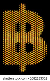 Halftone hexagonal Baht icon. Bright gold pictogram with honeycomb geometric structure on a black background. Vector mosaic of baht icon made of hexagon blots.