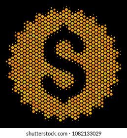 Halftone hexagonal Bank Seal icon. Bright golden pictogram with honeycomb geometric structure on a black background. Vector mosaic of bank seal icon created of hexagon blots.