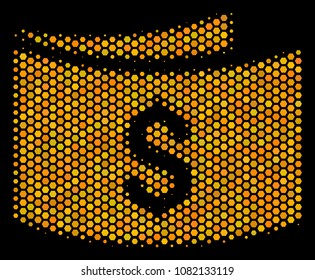 Halftone hexagonal Banknotes icon. Bright yellow pictogram with honey comb geometric pattern on a black background. Vector composition of banknotes icon designed of hexagon cells.