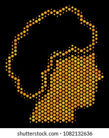 Halftone hexagonal Blonde Profile icon. Bright yellow pictogram with honeycomb geometric structure on a black background. Vector pattern of blonde profile icon made of hexagon spots.