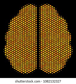 Halftone hexagonal Brain icon. Bright gold pictogram with honeycomb geometric pattern on a black background. Vector composition of brain icon combined of hexagon dots.