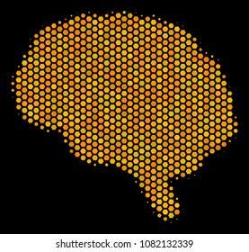 Halftone hexagonal Brain icon. Bright gold pictogram with honey comb geometric pattern on a black background. Vector composition of brain icon composed of hexagonal cells.