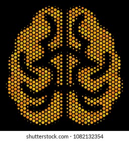 Halftone hexagonal Brain icon. Bright gold pictogram with honeycomb geometric pattern on a black background. Vector mosaic of brain icon made of hexagonal items.