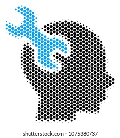Halftone hexagonal Brain Service Wrench icon. Pictogram on a white background. Vector collage of brain service wrench icon constructed of hexagon spots.