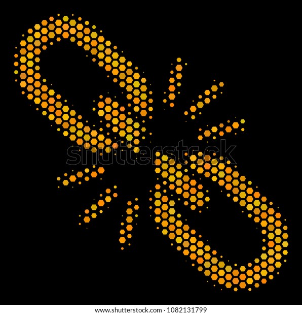 Halftone\
hexagonal Break Chain Link icon. Bright golden pictogram with honey\
comb geometric structure on a black background. Vector pattern of\
break chain link icon done of honeycomb\
items.