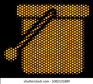 Halftone hexagonal Bucket icon. Bright gold pictogram with honey comb geometric pattern on a black background. Vector mosaic of bucket icon organized of hexagonal elements.