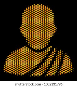 Halftone hexagonal Buddhist Monk icon. Bright gold pictogram with honey comb geometric pattern on a black background. Vector composition of buddhist monk icon constructed of hexagonal items.