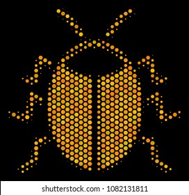 Halftone hexagonal Bug icon. Bright yellow pictogram with honey comb geometric pattern on a black background. Vector composition of bug icon organized of hexagonal spots.