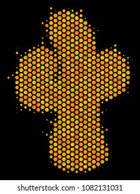 Halftone hexagonal Cacti icon. Bright gold pictogram with honeycomb geometric structure on a black background. Vector composition of cacti icon made of hexagon items.