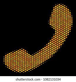 Halftone hexagonal Call icon. Bright gold pictogram with honey comb geometric pattern on a black background. Vector concept of call icon organized of hexagonal dots.