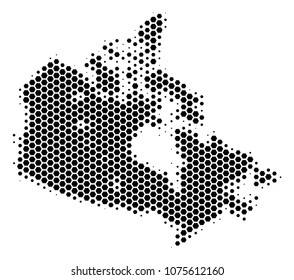 Halftone hexagonal Canada Map. Vector geographical map on a white background. Vector pattern of Canada Map made of hexagonal elements.