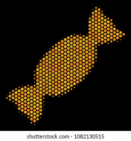 Halftone hexagonal Candy icon. Bright gold pictogram with honey comb geometric pattern on a black background. Vector composition of candy icon made of hexagonal blots.