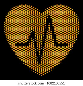 Halftone hexagonal Cardiology icon. Bright gold pictogram with honey comb geometric pattern on a black background. Vector concept of cardiology icon created of honeycomb pixels.
