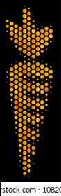 Halftone hexagonal Carrot icon. Bright yellow pictogram with honey comb geometric pattern on a black background. Vector pattern of carrot icon created of hexagon items.