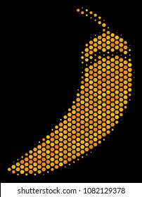 Halftone hexagonal Chili Pepper icon. Bright golden pictogram with honeycomb geometric pattern on a black background. Vector mosaic of chili pepper icon created of hexagon pixels.