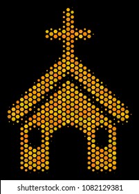 Halftone hexagonal Christian Church icon. Bright golden pictogram with honey comb geometric pattern on a black background. Vector mosaic of christian church icon created of hexagonal pixels.