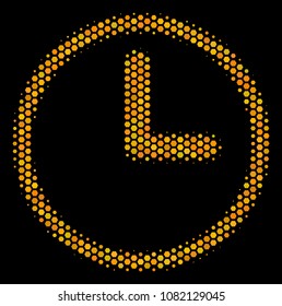 Halftone hexagonal Clock icon. Bright yellow pictogram with honey comb geometric pattern on a black background. Vector pattern of clock icon composed of honeycomb pixels.