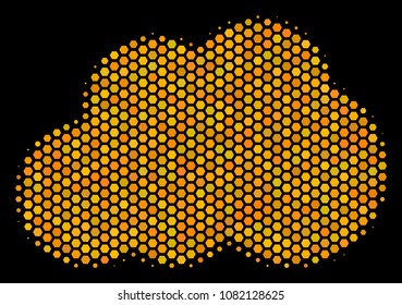 Halftone hexagonal Cloud icon. Bright gold pictogram with honey comb geometric structure on a black background. Vector mosaic of cloud icon combined of hexagonal pixels.