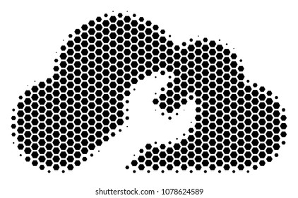 Halftone hexagonal Cloud Wrench Tools icon. Pictogram on a white background. Vector mosaic of cloud wrench tools icon done of hexagon dots.