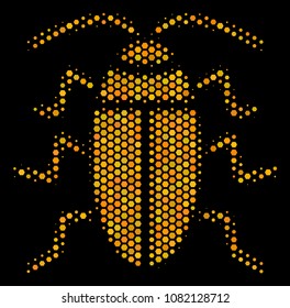 Halftone hexagonal Cockroach icon. Bright golden pictogram with honeycomb geometric structure on a black background. Vector collage of cockroach icon done of hexagon cells.