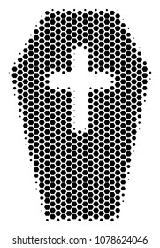 Halftone hexagonal Coffin icon. Pictogram on a white background. Vector mosaic of coffin icon constructed of hexagonal items.