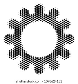 Halftone hexagonal Cog icon. Pictogram on a white background. Vector collage of cog icon designed of hexagonal elements.