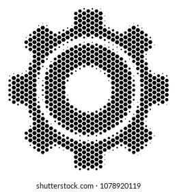 Halftone hexagonal Cog icon. Pictogram on a white background. Vector composition of cog icon constructed of hexagonal blots.