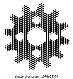 Halftone hexagonal Cogwheel icon. Pictogram on a white background. Vector concept of cogwheel icon created of hexagon pixels.