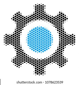 Halftone hexagonal Cogwheel icon. Pictogram on a white background. Vector composition of cogwheel icon constructed of hexagonal pixels.