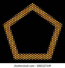 Halftone hexagonal Contour Pentagon icon. Bright gold pictogram with honeycomb geometric structure on a black background. Vector collage of contour pentagon icon made of honeycomb items.