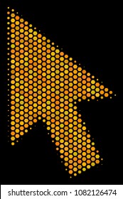 Halftone hexagonal Cursor Arrow icon. Bright golden pictogram with honeycomb geometric pattern on a black background. Vector mosaic of cursor arrow icon organized of hexagon items.