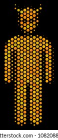 Halftone hexagonal Daemon icon. Bright yellow pictogram with honeycomb geometric structure on a black background. Vector concept of daemon icon combined of hexagon blots.