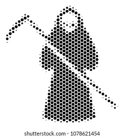 Halftone hexagonal Death Scytheman icon. Pictogram on a white background. Vector collage of death scytheman icon organized of hexagonal pixels.