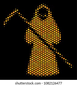 Halftone hexagonal Death Scytheman icon. Bright yellow pictogram with honeycomb geometric structure on a black background. Vector composition of death scytheman icon constructed of honeycomb spots.