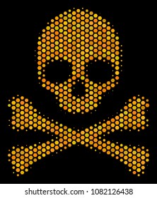 Halftone hexagonal Death Skull icon. Bright golden pictogram with honey comb geometric structure on a black background. Vector mosaic of death skull icon organized of honeycomb items.