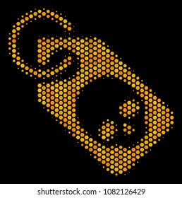Halftone hexagonal Death Skull Tag icon. Bright yellow pictogram with honey comb geometric structure on a black background. Vector mosaic of death skull tag icon composed of hexagonal pixels.