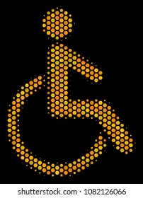 Halftone hexagonal Disabled Person icon. Bright yellow pictogram with honey comb geometric pattern on a black background. Vector pattern of disabled person icon made of hexagonal cells.