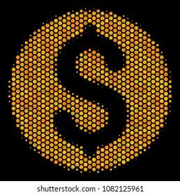 Halftone hexagonal Dollar Coin icon. Bright gold pictogram with honey comb geometric pattern on a black background. Vector concept of dollar coin icon done of honeycomb dots.