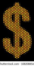 Halftone hexagonal Dollar icon. Bright golden pictogram with honey comb geometric pattern on a black background. Vector pattern of dollar icon created of hexagon blots.