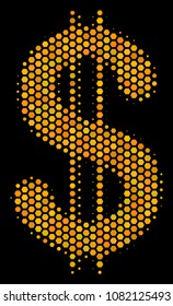 Halftone hexagonal Dollar icon. Bright gold pictogram with honey comb geometric structure on a black background. Vector pattern of dollar icon organized of honeycomb cells.