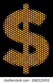 Halftone hexagonal Dollar icon. Bright gold pictogram with honey comb geometric pattern on a black background. Vector concept of dollar icon created of honeycomb blots.