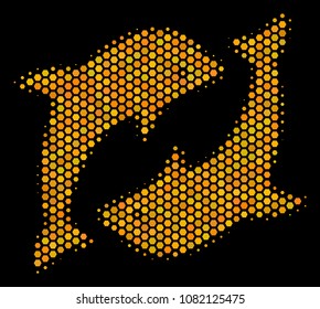 Halftone hexagonal Dolphins icon. Bright yellow pictogram with honeycomb geometric structure on a black background. Vector pattern of dolphins icon combined of honeycomb dots.
