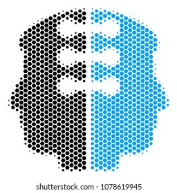 Halftone hexagonal Dual Head Interface icon. Pictogram on a white background. Vector mosaic of dual head interface icon done of hexagonal pixels.