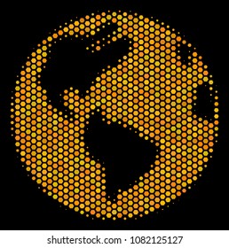 Halftone hexagonal Earth icon. Bright yellow pictogram with honeycomb geometric structure on a black background. Vector collage of earth icon made of hexagon dots.