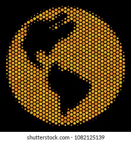 Halftone hexagonal Earth icon. Bright yellow pictogram with honeycomb geometric pattern on a black background. Vector composition of earth icon organized of hexagon spots.