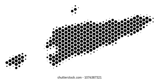 Halftone hexagonal East Timour Map. Vector geographical map on a white background. Vector pattern of East Timour Map combined of hexagonal items.