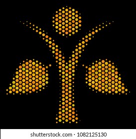 Halftone hexagonal Ecology Man icon. Bright yellow pictogram with honey comb geometric pattern on a black background. Vector mosaic of ecology man icon done of hexagon dots.